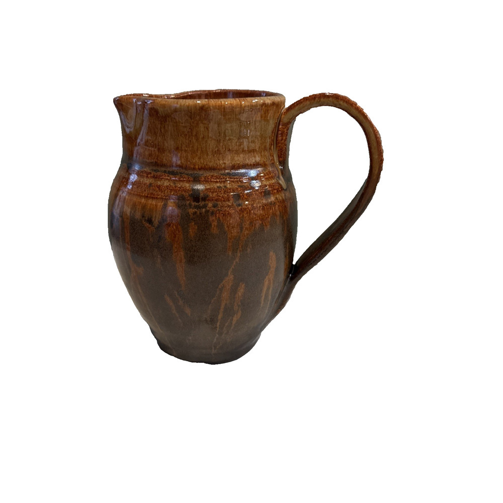 Brown Glazed Studio Art Pottery Pitcher‎ 6.5” Signed “Donnie” Rustic Cabin EUC